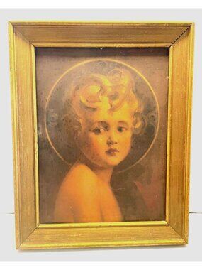 Vintage Framed Print Of Child Portrait By EGC Inc NY In Gold-Tone Wooden Frame 1